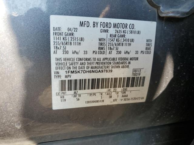2022 FORD EXPLORER XLT 1FMSK7DH6NGA97839