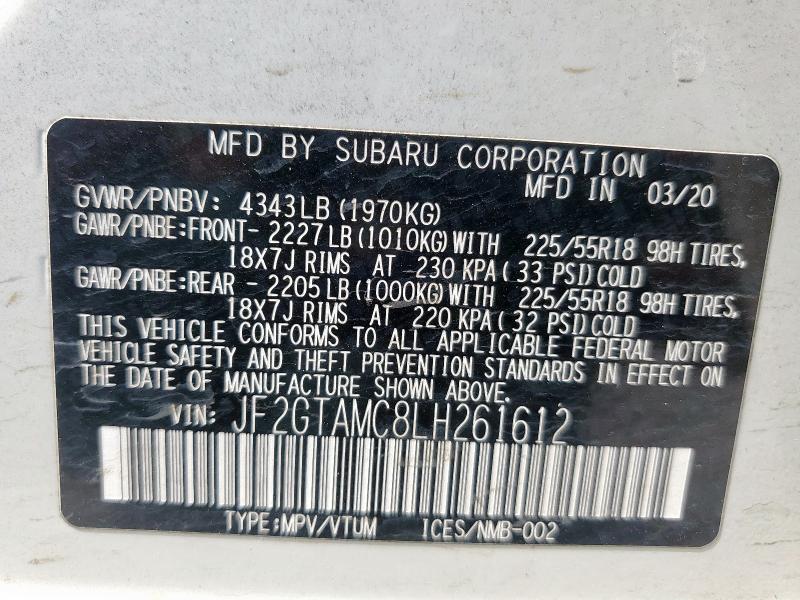 2020 SUBARU CROSSTREK JF2GTAMC8LH261612