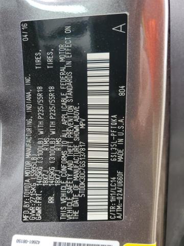 2016 TOYOTA SIENNA XLE 5TDDK3DC7GS137817