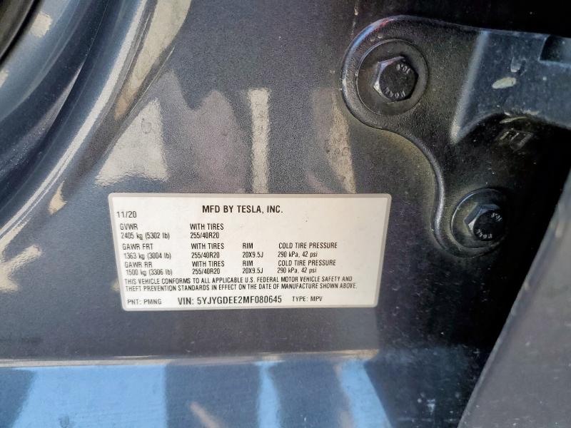 2021 TESLA MODEL Y 5YJYGDEE2MF080645