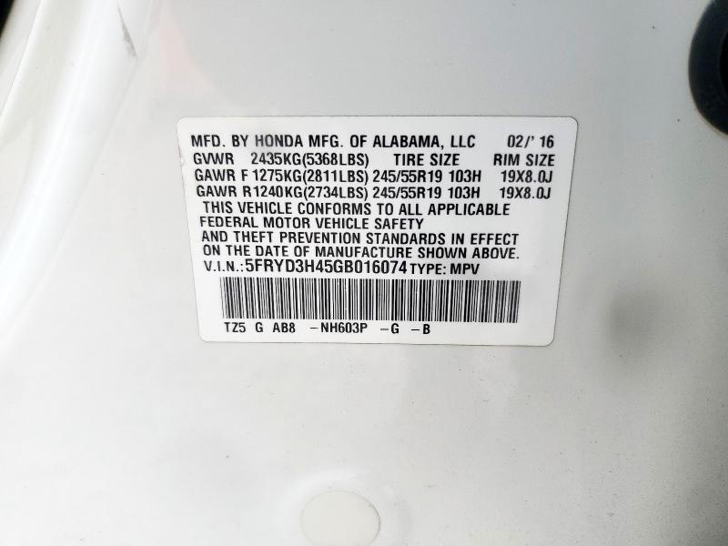 2016 ACURA MDX TECHNO 5FRYD3H45GB016074