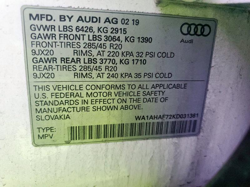 2019 AUDI Q7 PREMIUM WA1AHAF72KD031361