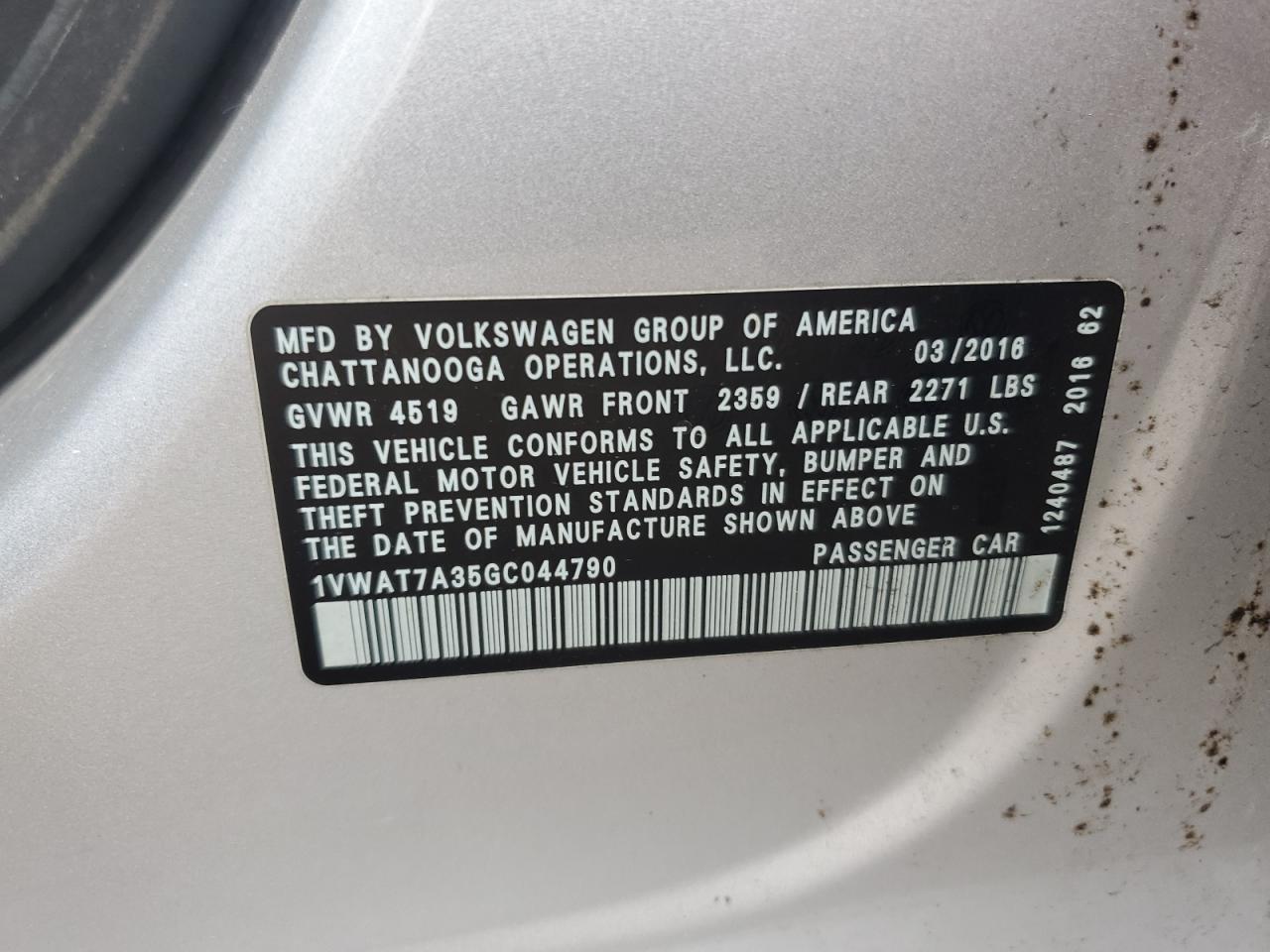 Lot #3235777941 2016 VOLKSWAGEN PASSAT S