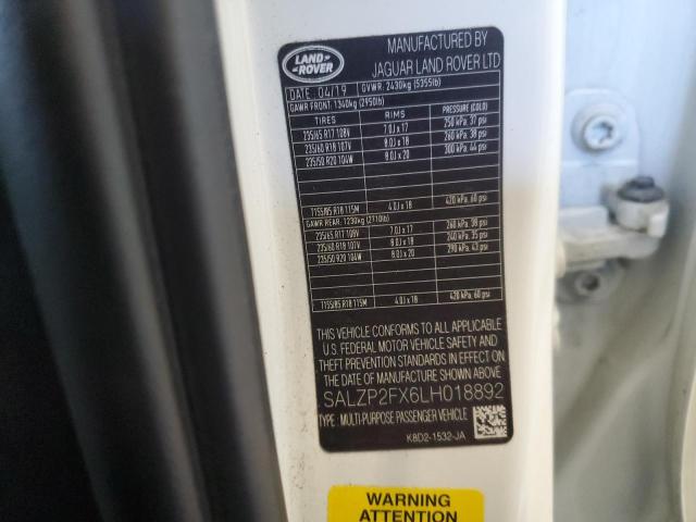 2020 LAND ROVER RANGE ROVE SALZP2FX6LH018892