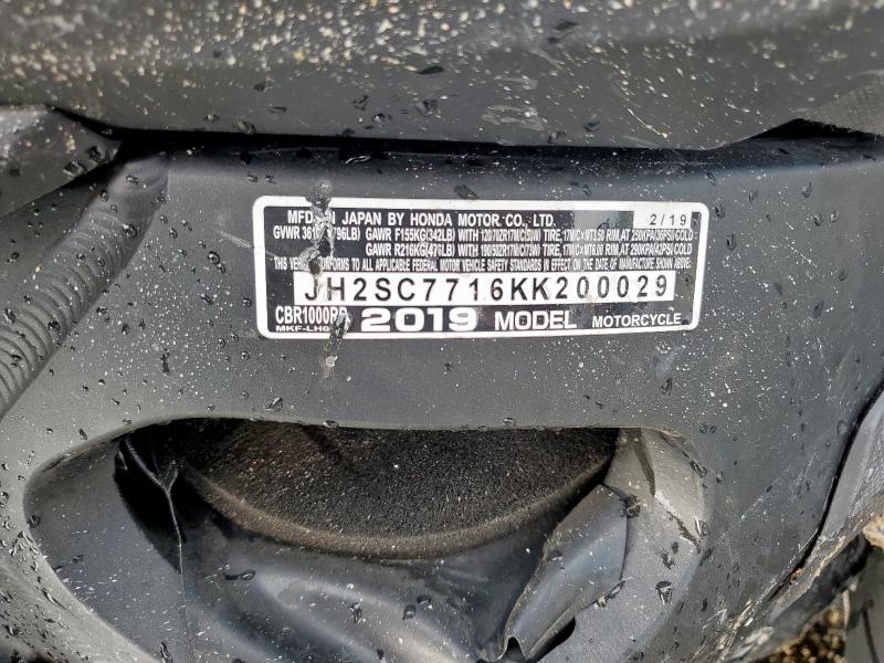 2019 HONDA CBR1000 RR JH2SC7716KK200029