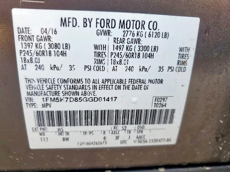 2016 FORD EXPLORER X 1FM5K7D85GGD01417