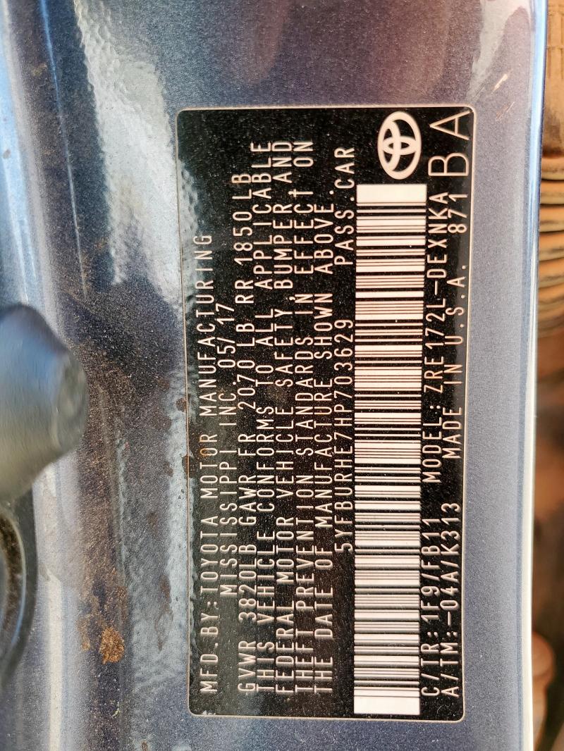 2017 TOYOTA COROLLA L 5YFBURHE7HP703629