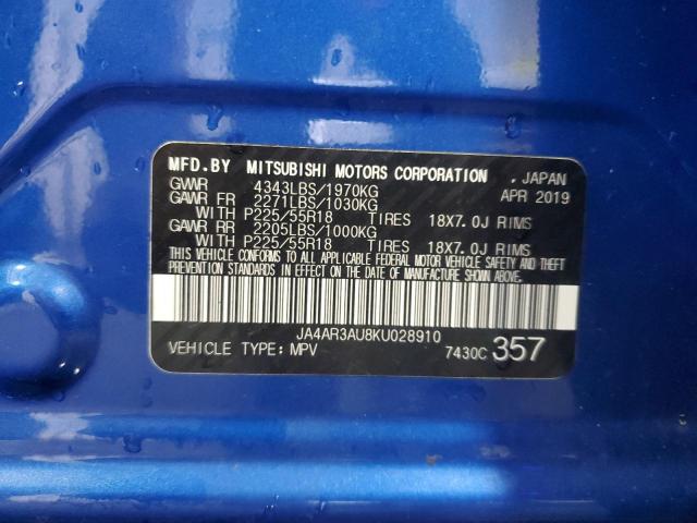 2019 MITSUBISHI OUTLANDER JA4AR3AU8KU028910