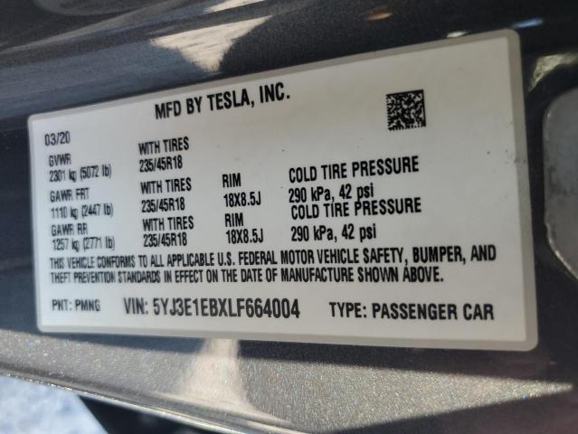 2020 TESLA MODEL 3 5YJ3E1EBXLF664004