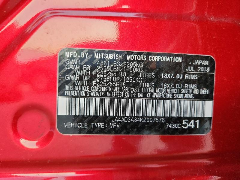2019 MITSUBISHI OUTLANDER JA4AD3A34KZ007576