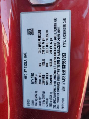 2025 TESLA MODEL 3 5YJ3E1EB1SF961953