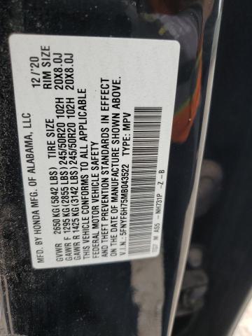 2021 HONDA PILOT BLAC 5FNYF6H75MB043522
