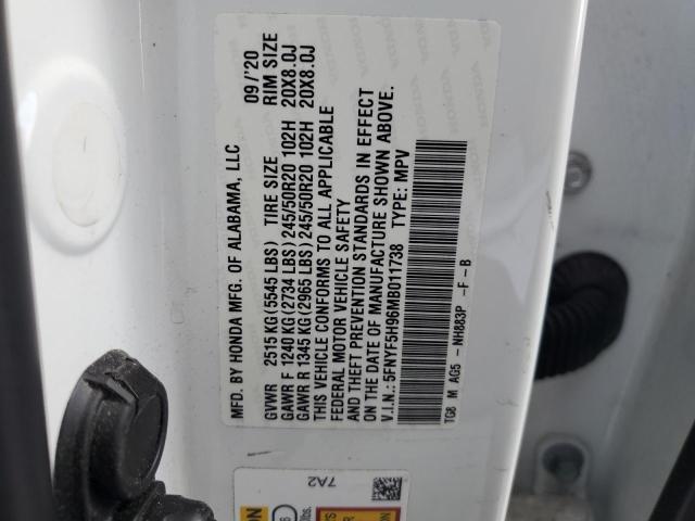 2021 HONDA PILOT TOUR 5FNYF5H96MB011738