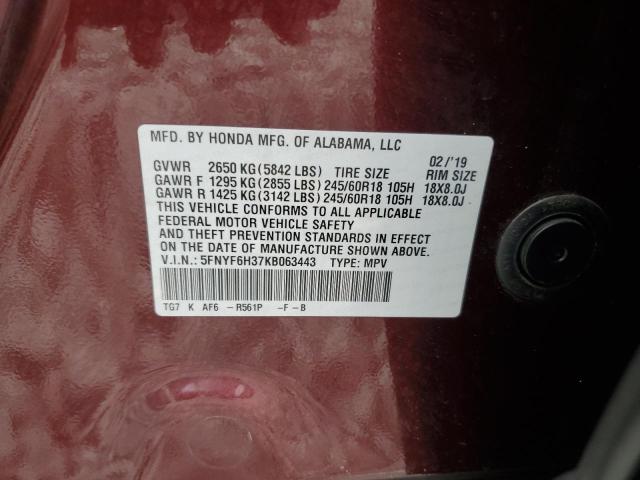 2019 HONDA PILOT EX 5FNYF6H37KB063443