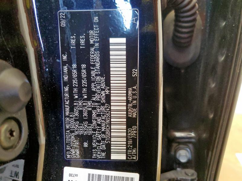 2022 TOYOTA HIGHLANDER HYBRID XLE 5TDGBRCH1NS562427