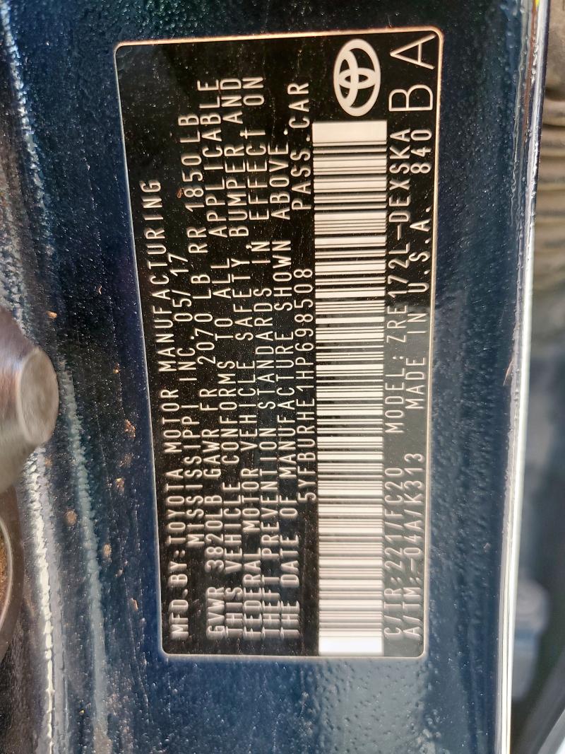 2017 TOYOTA COROLLA L 5YFBURHE1HP698508
