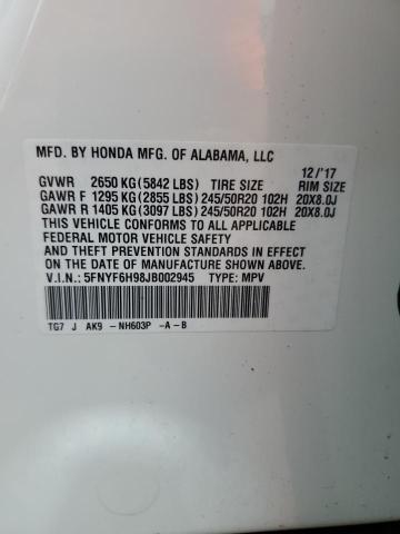 2018 HONDA PILOT TOUR 5FNYF6H98JB002945