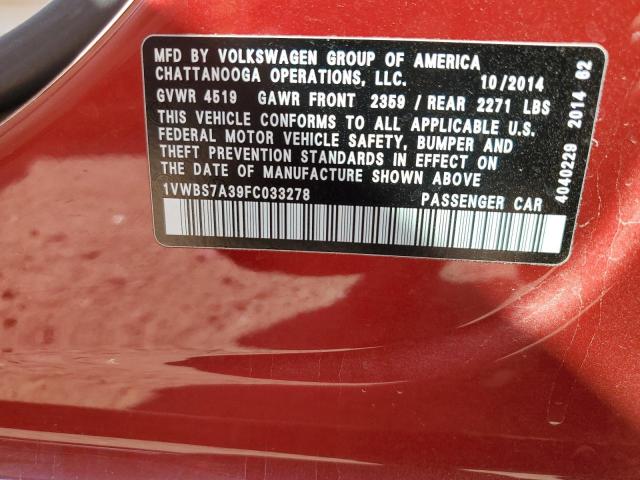 2015 VOLKSWAGEN PASSAT SE 1VWBS7A39FC033278