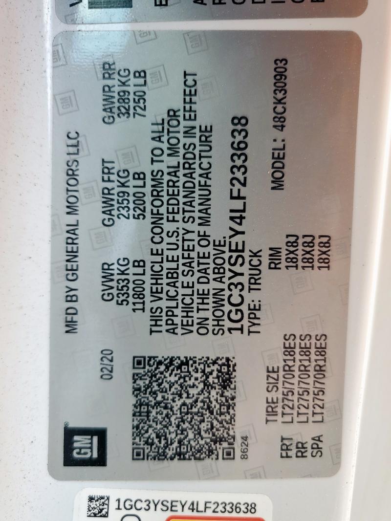 2020 CHEVROLET SILVERADO 1GC3YSEY4LF233638