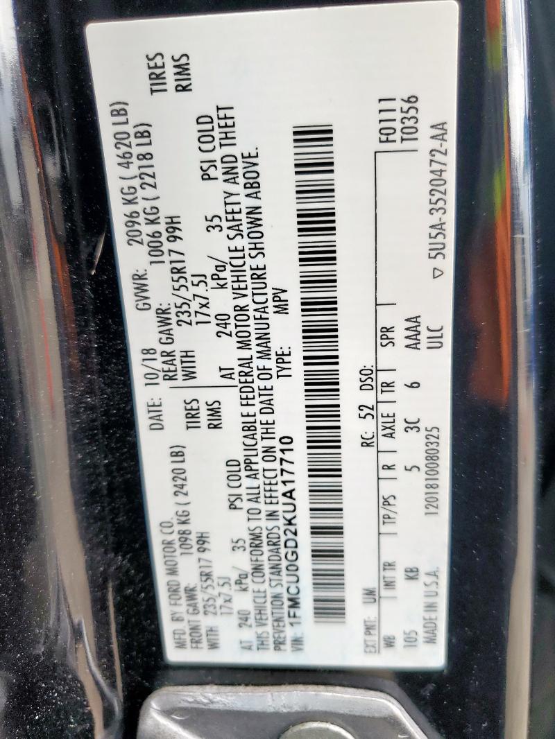 2019 FORD ESCAPE SE - 1FMCU0GD2KUA17710