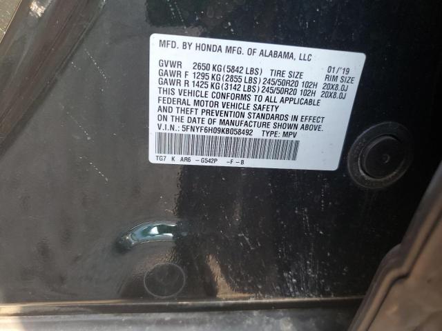 2019 HONDA PILOT ELITE 5FNYF6H09KB058492