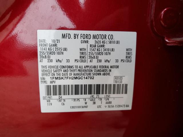 2021 FORD EXPLORER L 1FMSK7FH2MGC14702