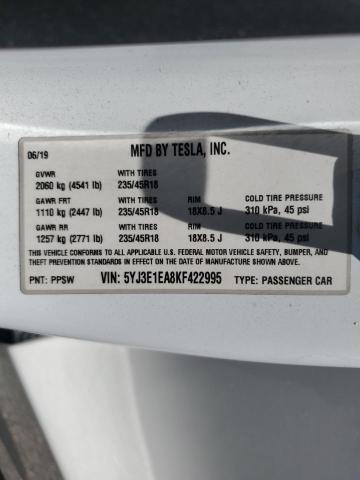 2019 TESLA MODEL 3 5YJ3E1EA8KF422995
