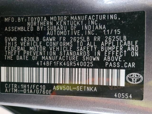 2016 TOYOTA CAMRY LE 4T4BF1FK4GR540025