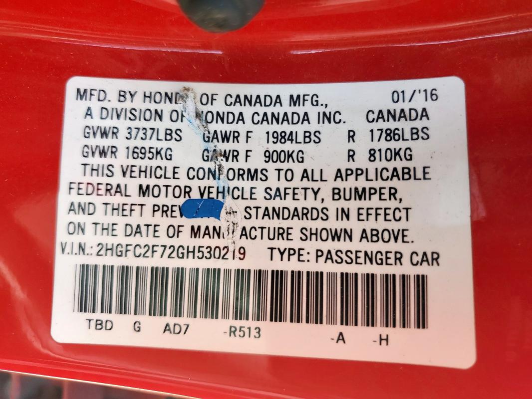 2016 HONDA CIVIC EX 2HGFC2F72GH530219