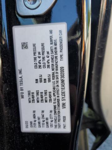 2022 TESLA MODEL 3 5YJ3E1EA5NF302009