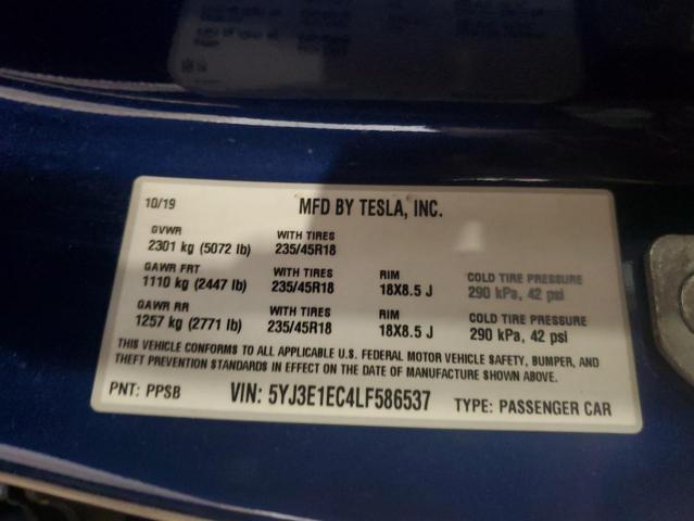 2020 TESLA MODEL 3 5YJ3E1EC4LF586537