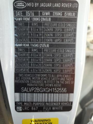 2016 LAND ROVER RANGE ROVE SALVP2BGXGH152556