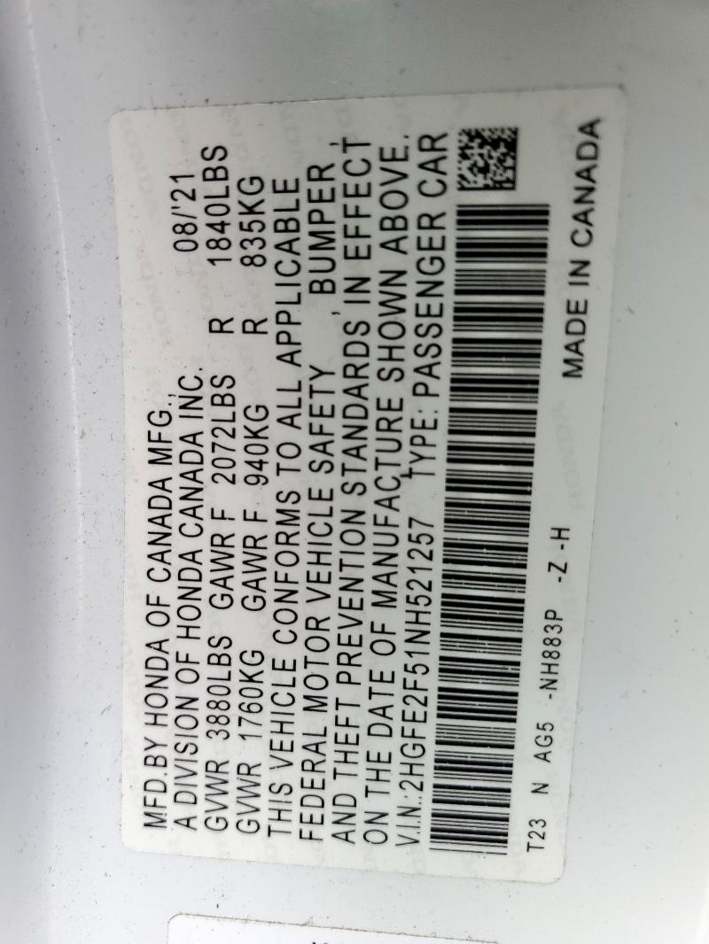 2022 HONDA CIVIC SPOR - 2HGFE2F51NH521257