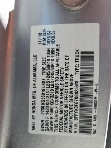 2019 HONDA RIDGELINE 5FPYK3F67KB025628