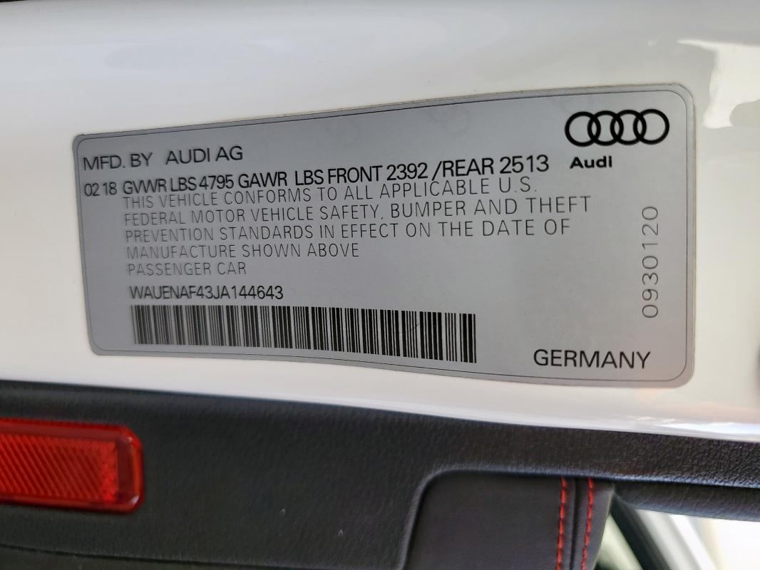 2018 AUDI A4 PREMIUM WAUENAF43JA144643