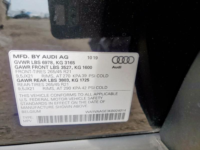 2019 AUDI E-TRON PRESTIGE WA1VAAGE3KB024014
