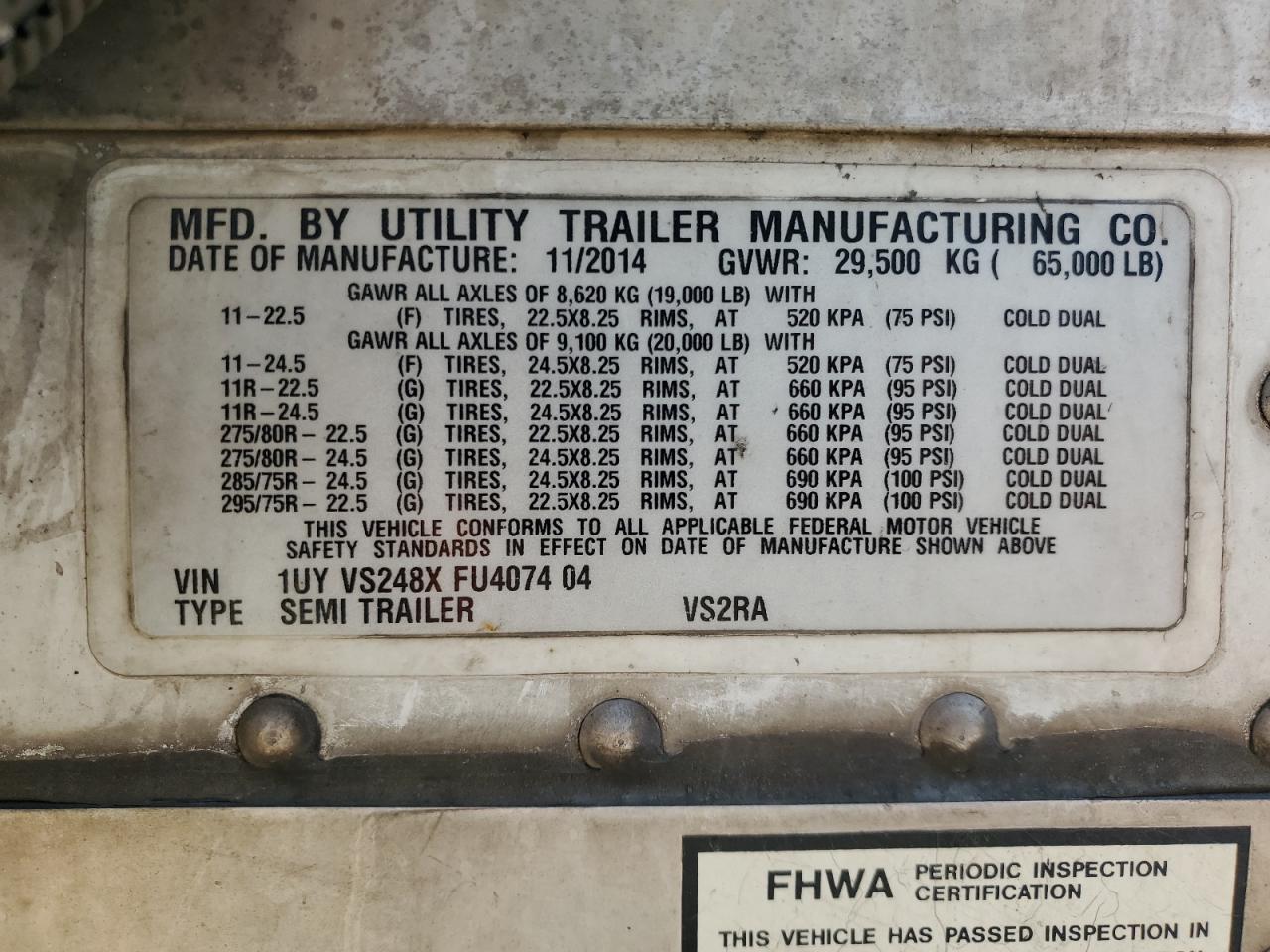 Lot #3260687527 2015 UTILITY VS2RA