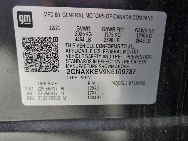 2022 CHEVROLET EQUINOX LT 2GNAXKEV9N6109787