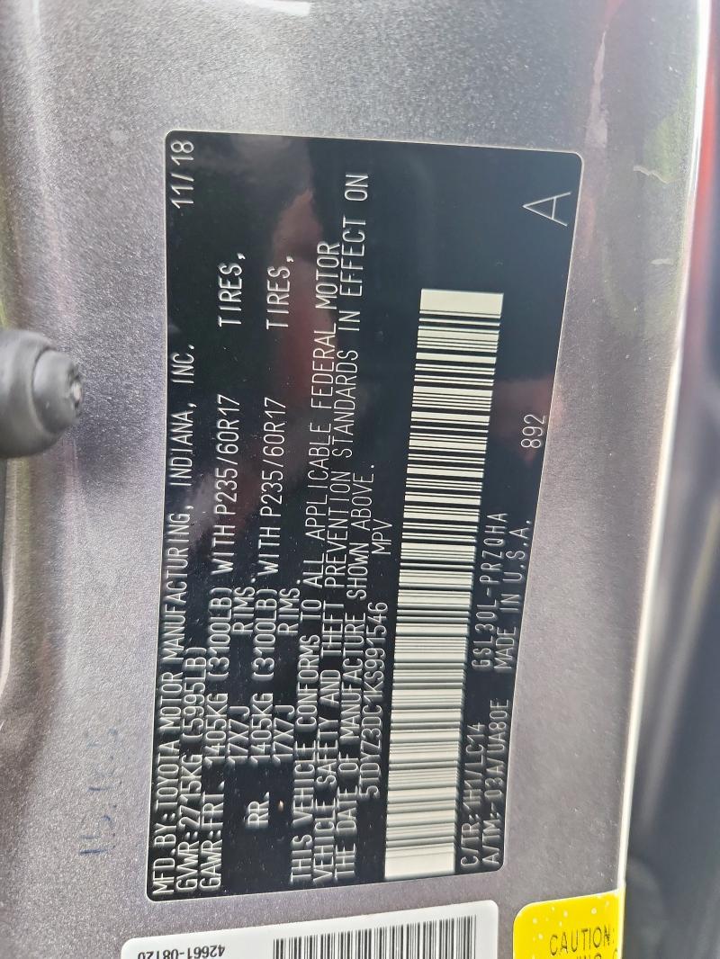 2019 TOYOTA SIENNA XLE 5TDYZ3DC1KS991546