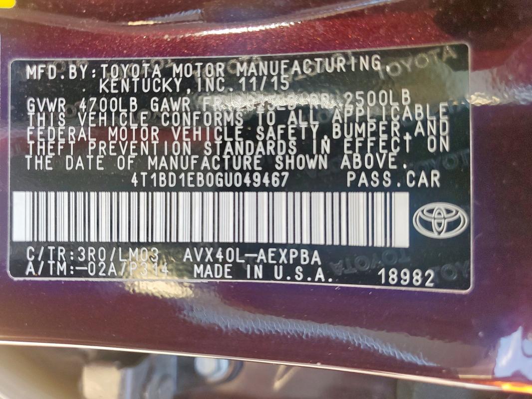 2016 TOYOTA AVALON HYB 4T1BD1EB0GU049467