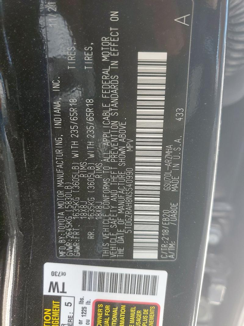 2022 TOYOTA HIGHLANDER 5TDGZRAH8NS540990