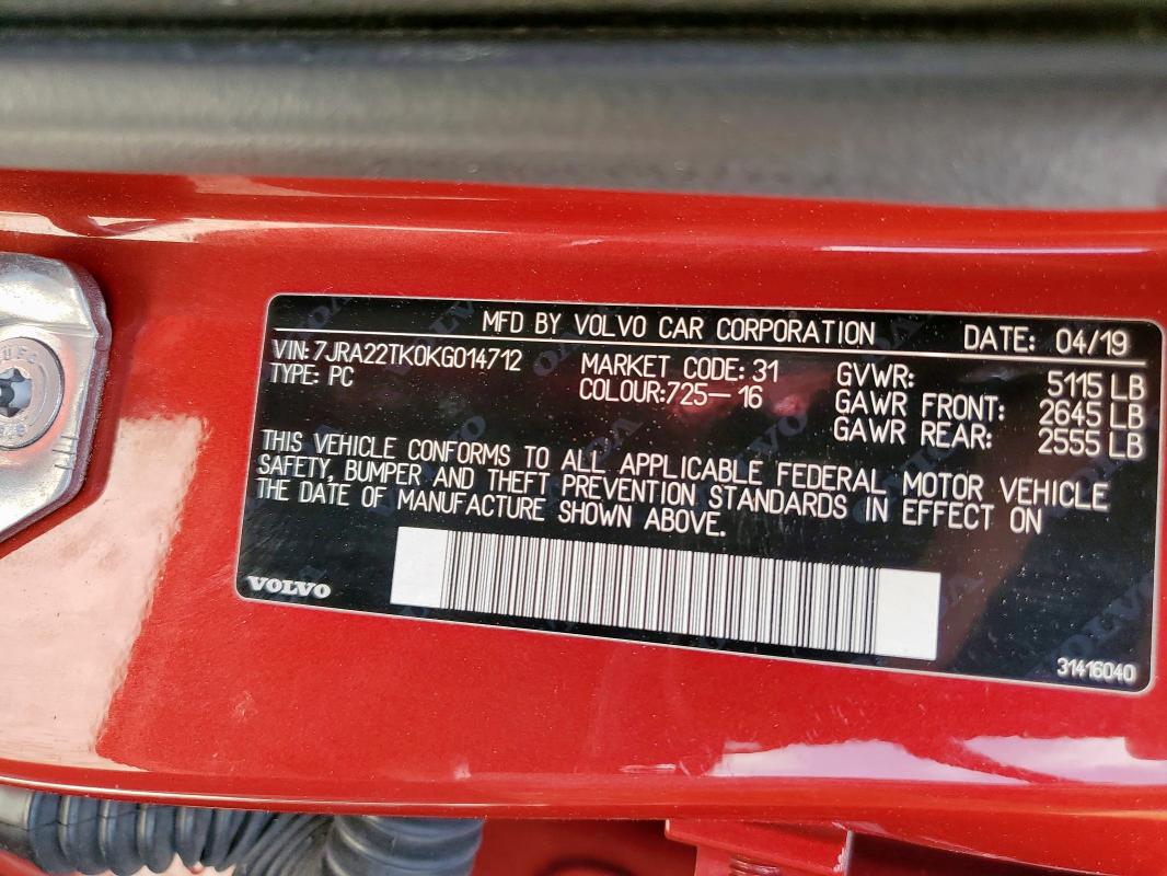 2019 VOLVO S60 T6 MOM 7JRA22TK0KG014712