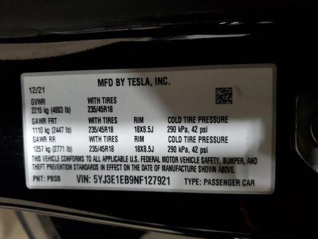 2022 TESLA MODEL 3 5YJ3E1EB9NF127921