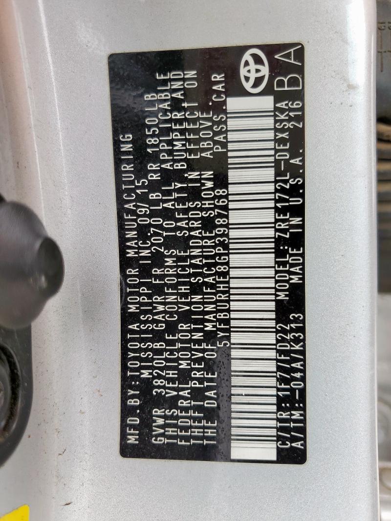 2016 TOYOTA COROLLA L 5YFBURHE8GP398768