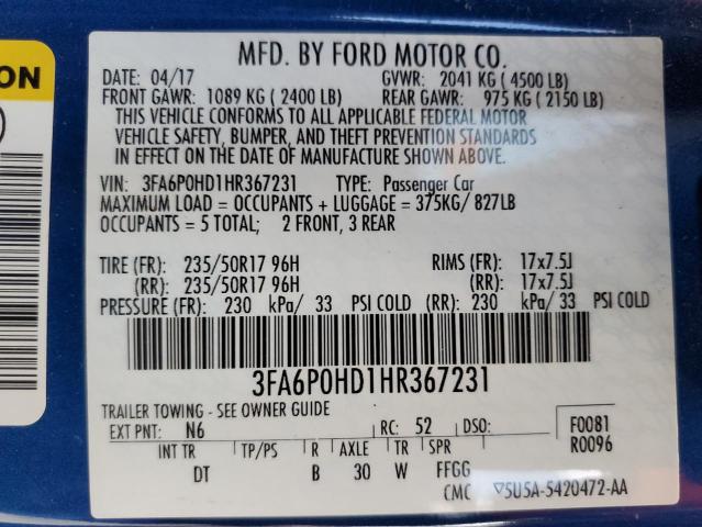 2017 FORD FUSION SE 3FA6P0HD1HR367231