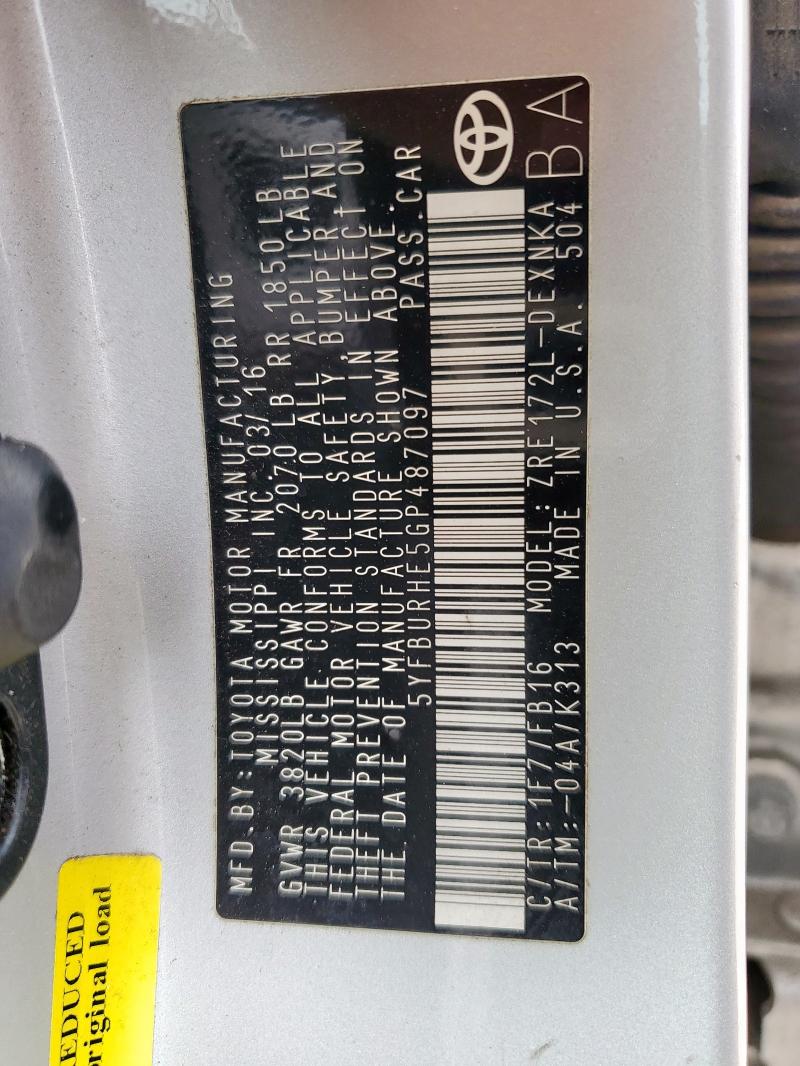 2016 TOYOTA COROLLA L - 5YFBURHE5GP487097