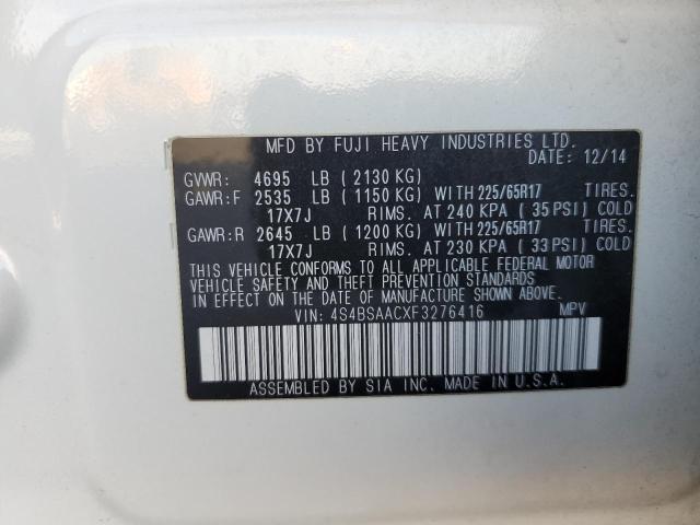 2015 SUBARU OUTBACK 2.5I 4S4BSAACXF3276416