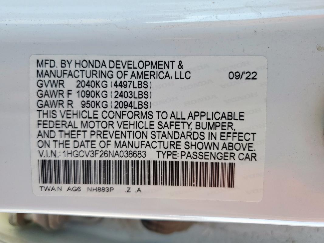 2022 HONDA ACCORD HYB 1HGCV3F26NA038683