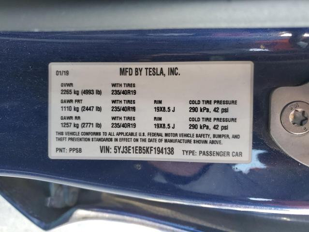 2019 TESLA MODEL 3 5YJ3E1EB5KF194138