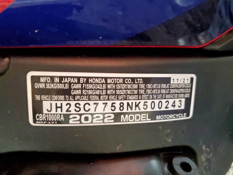 2022 HONDA CBR1000 RA JH2SC7758NK500243